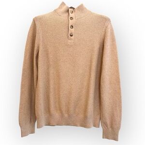 Express Men’s Cotton Pullover Mockneck, 1/4 front buttons neckline, tan, size M